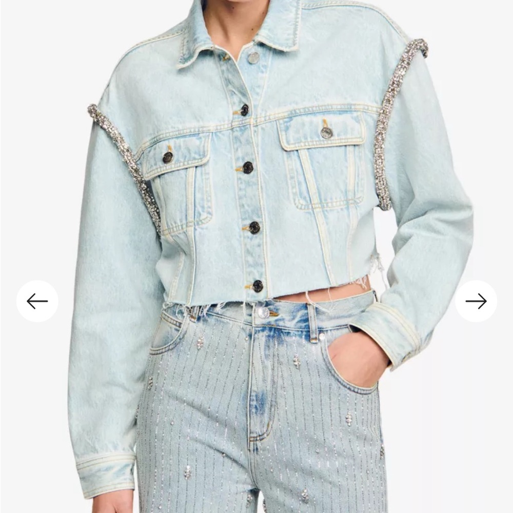 SANDRO
Crystal-embellished cropped denim jacket